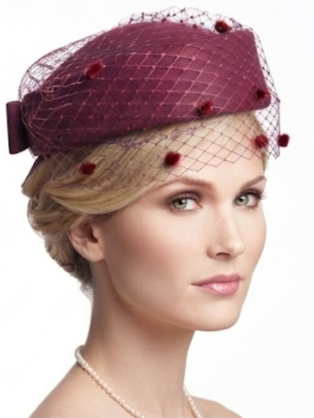 Beloved Millinery Beautiful Burgundy Dotted Veil British Style Pillbox Hat w/Bow